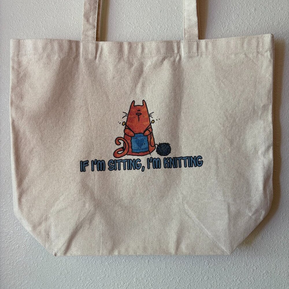 Orange Tabby Cat Knitting Canvas Tote Bag Knitters Cat Lady Person Beige Canvas - Picture 1 of 7